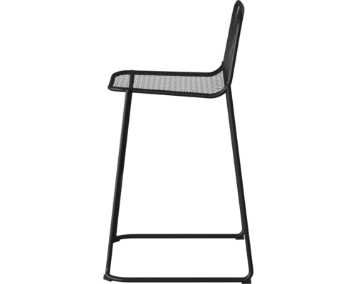 Schwarzer Metallstuhl mit Rückenlehne in Seitenansicht