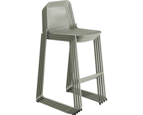 Gestapelte Barhocker aus Metall mit Rückenlehne und Fußstütze