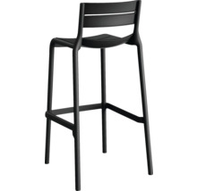 Tabouret de bar noir avec dossier et repose-pieds.