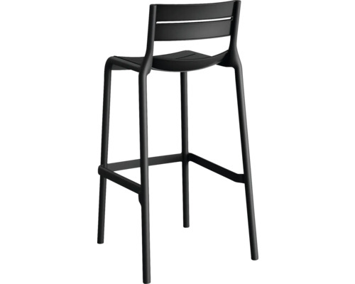 Tabouret de bar noir avec dossier et repose-pieds.