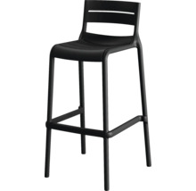 Tabouret de bar noir avec dossier et repose-pieds.