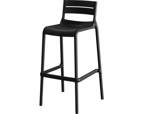 Tabouret de bar noir avec dossier et repose-pieds.