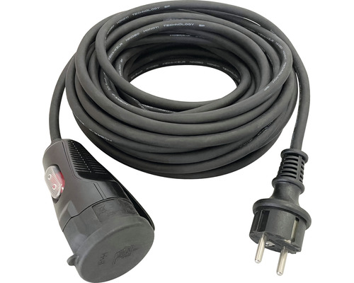 Rallonge en caoutchouc avec couvercle 15 m IP44 H05RR-F3G1,5 noire avec interrupteur, adaptée aux pièces humides + utilisation brève en extérieur