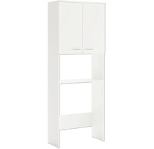 Weißer Waschmaschinen-Hochschrank mit zwei Türen und offenen Regalen.