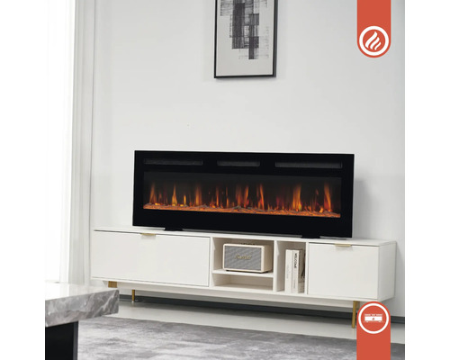Salon décoratif avec cheminée électrique sur un meuble bas blanc