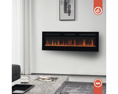 Salon avec une cheminée électrique au mur qui crée une illusion de feu