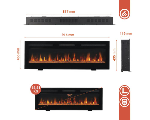 Technische Zeichnung eines elektrischen Kamins mit Flammen und Größenangaben