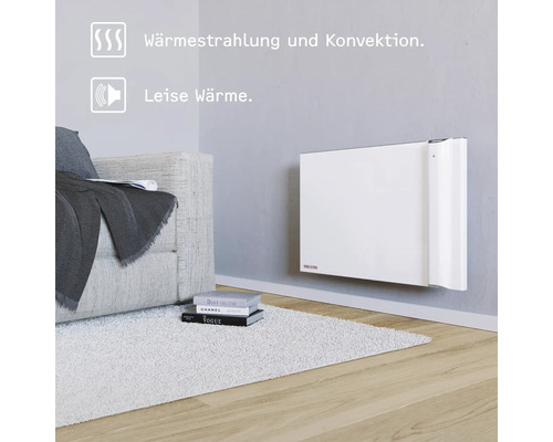 Salon avec radiateur au mur, canapé et tapis