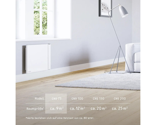 Séjour avec chauffage électrique au mur, lampadaire et tapis