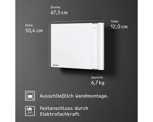 Convecteur mural électrique avec des dimensions de 67,5 cm de largeur, 50,4 cm de hauteur et 12 cm de profondeur, poids 6,7 kg. Remarque : uniquement pour montage mural et raccordement fixe par un électricien