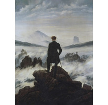Peinture d''un homme sur un rocher surplombant un paysage brumeux