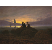 Gemälde, das drei Figuren auf Felsen am Meer bei Sonnenuntergang mit Segelschiffen zeigt