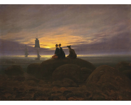 Gemälde, das drei Figuren auf Felsen am Meer bei Sonnenuntergang mit Segelschiffen zeigt