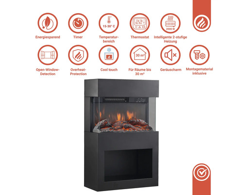 Elektrischer Kaminofen mit Energiesparfunktion, Timer, Temperaturbereich, Thermostat, zweistufiger Heizung, Fenstererkennung, Überhitzungsschutz, Kühlfunktion, geeignet für Räume bis 30 Quadratmeter, geräuscharm und inklusive Montagematerial