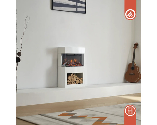 Cheminée électrique avec bûches de bois et effet de flamme dans un salon