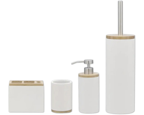 Vierteiliges Badezimmerset mit Seifenspender, Becher, Toilettenbürste und Behälter