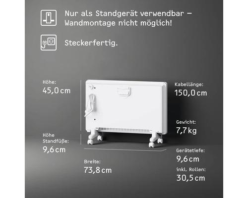 Weißer Elektroheizkörper mit Rollen, geeignet nur als Standgerät, mit Angabe von Höhe, Kabellänge, Gewicht, Höhe Standfüße, Breite und Gerätetiefe.