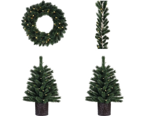 Sapin de Noël artificiel ensemble sapin de Noël Chamonix Lafiora h 90 cm vert Couronne de l''Avent artificielle, guirlande et deux petits sapins de Noël avec éclairage