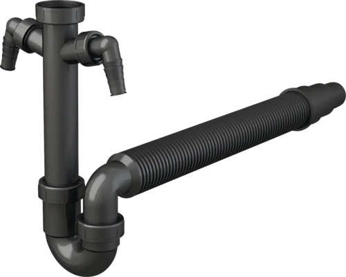 Siphon tubulaire veporit pour évier avec 2 raccordements de machine sur tube plongeur 1 1/2 pouce x DN50/40 flexible noir Siphon avec raccord d''appareil et tuyau d''évacuation flexible