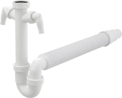 Siphon tubulaire veporit pour évier avec 2 raccordements de machine sur tube plongeur 1 1/2 pouce x DN50/40 flexible noir Siphon avec raccord d''appareil et tuyau flexible