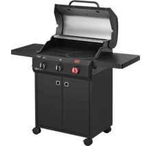 Barbecue à gaz avec deux brûleurs, surface de cuisson, meuble bas et tablettes latérales