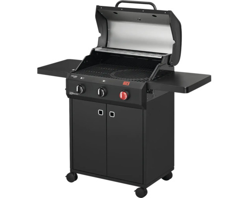 Barbecue à gaz avec deux brûleurs, surface de cuisson, meuble bas et tablettes latérales