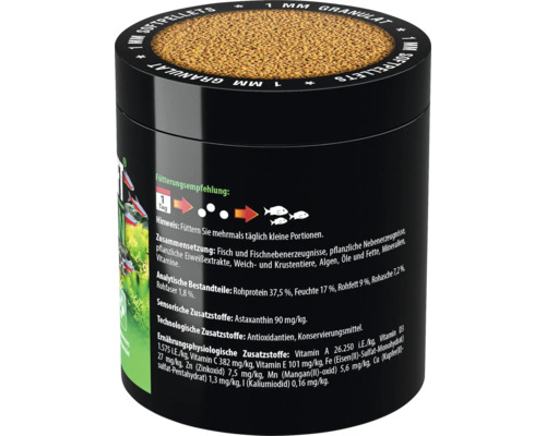 Fischfutter 1 Millimeter Granulat in schwarzer Dose