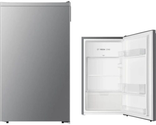 Kühlschrank PKM KS93ESI BxHxT 47,5 x 84 x 45 cm Silberner Kühlschrank mit einer Tür geschlossen und einer Tür geöffnet