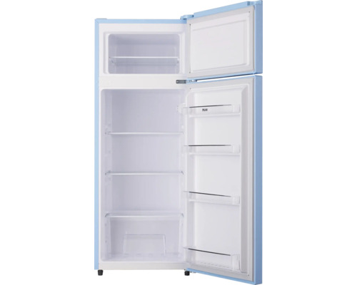 Geöffneter Kühlschrank mit Gefrierfach und Regalen