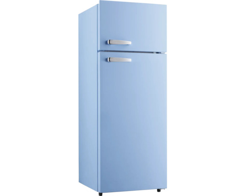 Blauer Kühlschrank mit Gefrierfach oben und Griffen aus Metall