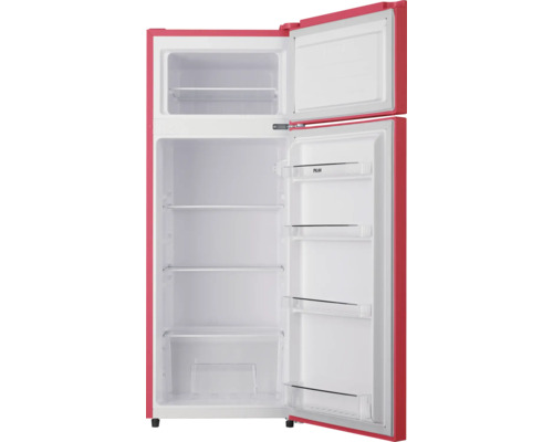 Offener, roter Kühlschrank mit mehreren Regalen