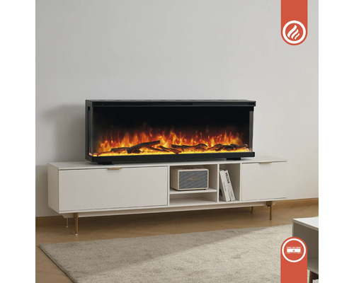 Cheminée électrique sur un meuble blanc avec décoration en bois
