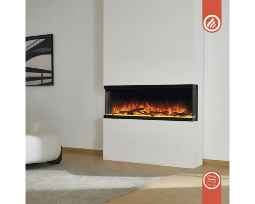 Cheminée électrique dans une pièce moderne avec canapé et tableau