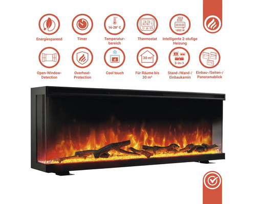 Elektrischer Kamin mit Energiesparfunktion, Timer, Temperatureinstellung, Thermostat, Heizstufen, Fenstererkennung, Überhitzungsschutz und Kühlfunktion für Räume bis 30 Quadratmeter