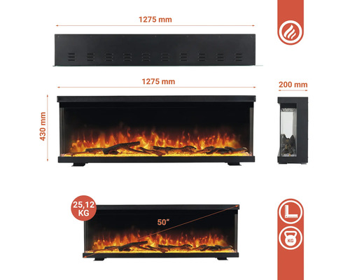 Dimensions de la cheminée électrique avec effet de flamme : 1275 millimètres de large, 430 millimètres de haut et 200 millimètres de profondeur. Le poids est de 25,12 kilogrammes. Le diamètre est de 50 pouces.
