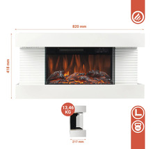 Cheminée électrique mesurant 820 mm de large et 418 mm de haut, poids indiqué de 13,46 kg