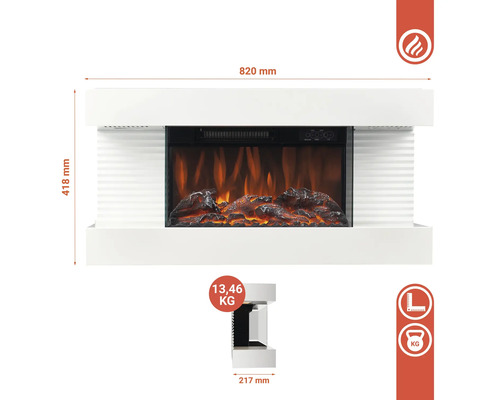 Cheminée électrique mesurant 820 mm de large et 418 mm de haut, poids indiqué de 13,46 kg