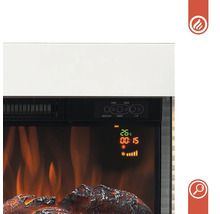 Vue détaillée d''une cheminée électrique avec affichage de la température et de la puissance