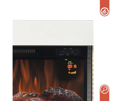 Vue détaillée d''une cheminée électrique avec affichage de la température et de la puissance
