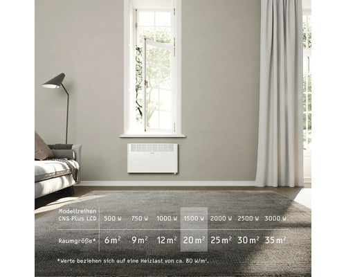 Wohnzimmer mit Elektroheizkörper an der Wand unter einem Fenster.