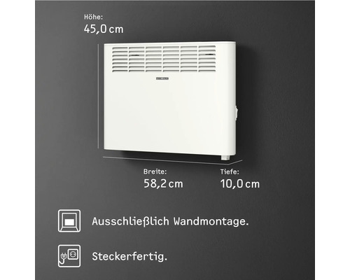 Abmessungen eines weißen Wandkonvektors: Höhe 45,0 cm, Breite 58,2 cm, Tiefe 10,0 cm