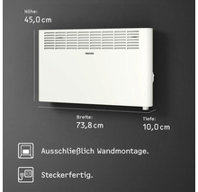 Elektroheizung zur Wandmontage mit den Maßen 45,0 cm Höhe, 73,8 cm Breite und 10,0 cm Tiefe