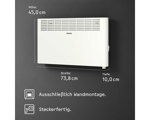Elektroheizung zur Wandmontage mit den Maßen 45,0 cm Höhe, 73,8 cm Breite und 10,0 cm Tiefe