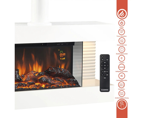 Dekorativer Elektrokamin mit Flammeneffekt und Fernbedienung.
