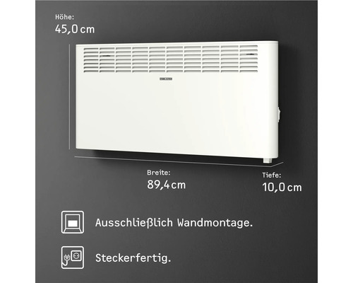 Wandkonvektor mit den Maßen 45,0 cm Höhe, 89,4 cm Breite und 10,0 cm Tiefe zur Wandmontage.