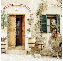 Fassade eines Hauses mit Holztür, Fenster mit Fensterläden und Blumentöpfen