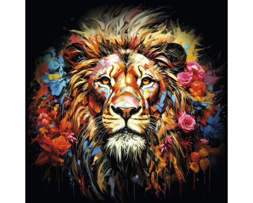 Glasbild Colorful Lion Head I 80x80 cm
