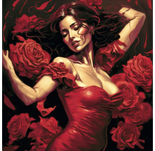 Peinture d''une femme en robe entourée de roses.