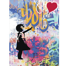 Tableau mural avec motif graffiti d''une fille avec un ballon en forme de cœur