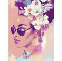 Peinture d''une femme avec des lunettes de soleil et des fleurs dans les cheveux